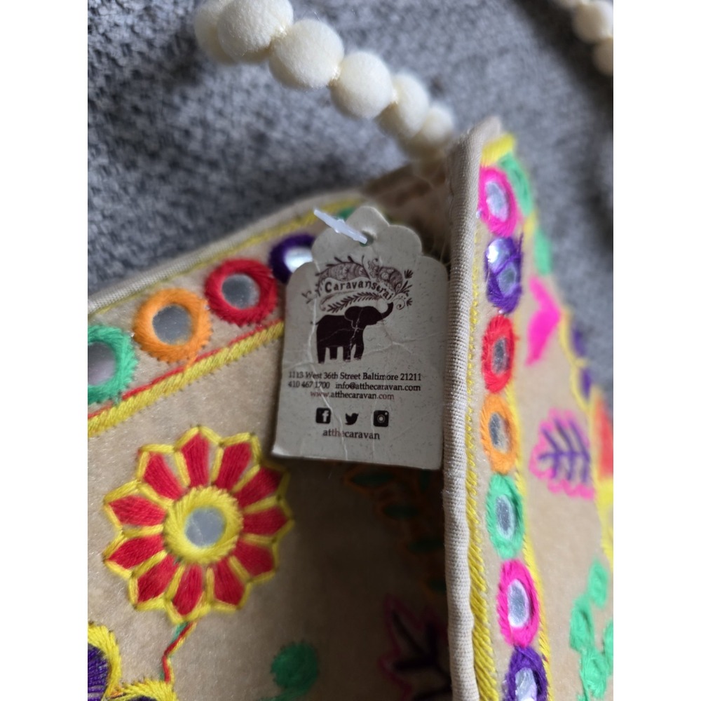 Embroidered Crossbody Bag Elephant PomPom Strap Boho Festival Purse - Picture 11 of 14